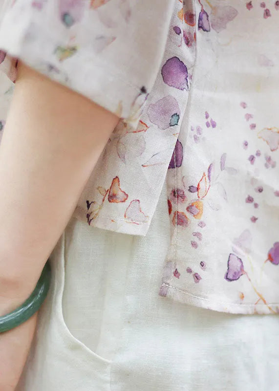 Light Purple O-neck Button Print Linen Blouse Top Spring