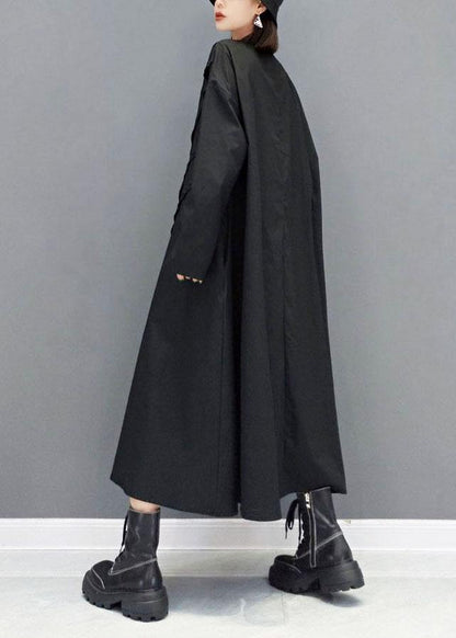 Black O-neck Pockets Robe Dresses Fall Long Sleeve