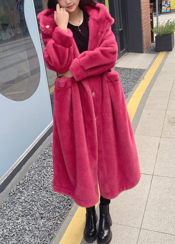 Red Pockets Mink Hair Knitted Hoodie Long Coat Winter