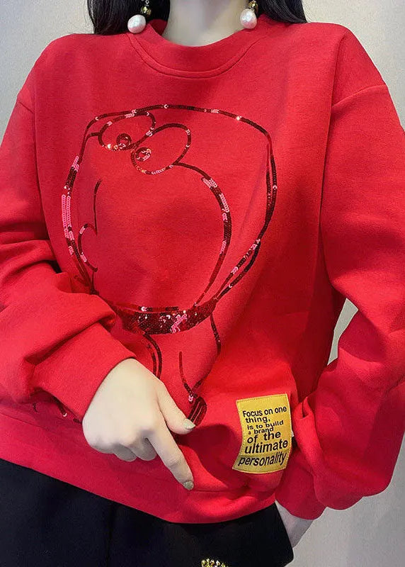 Style Red O-neck Print Loose Fall Pullover Street Wear