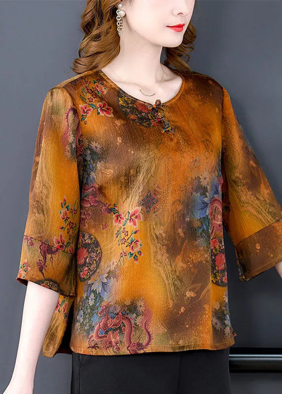 Chinese Style Yellow O-neck Oriental Button Print Silk Blouse Top Half Sleeve
