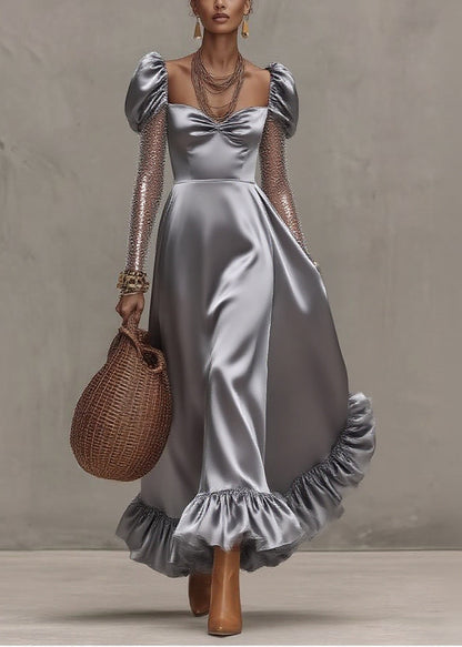 Style Silvery Puff Sleeve Patchwork Tulle Exra Large Hem Party Dress
