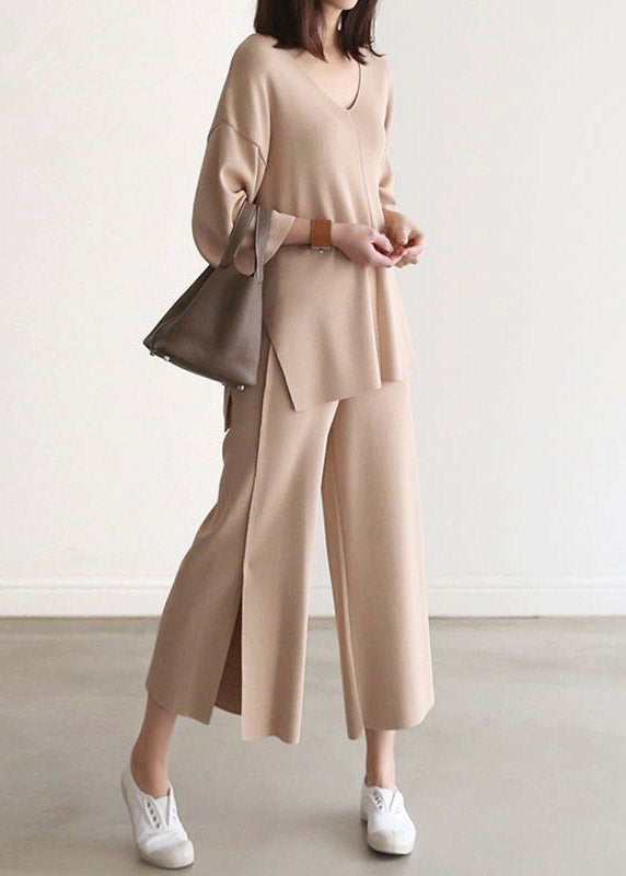 French Apricot V Neck Knit Top and Wide Leg Pants Two Pieces Set Spring