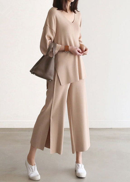 French Apricot V Neck Knit Top and Wide Leg Pants Two Pieces Set Spring
