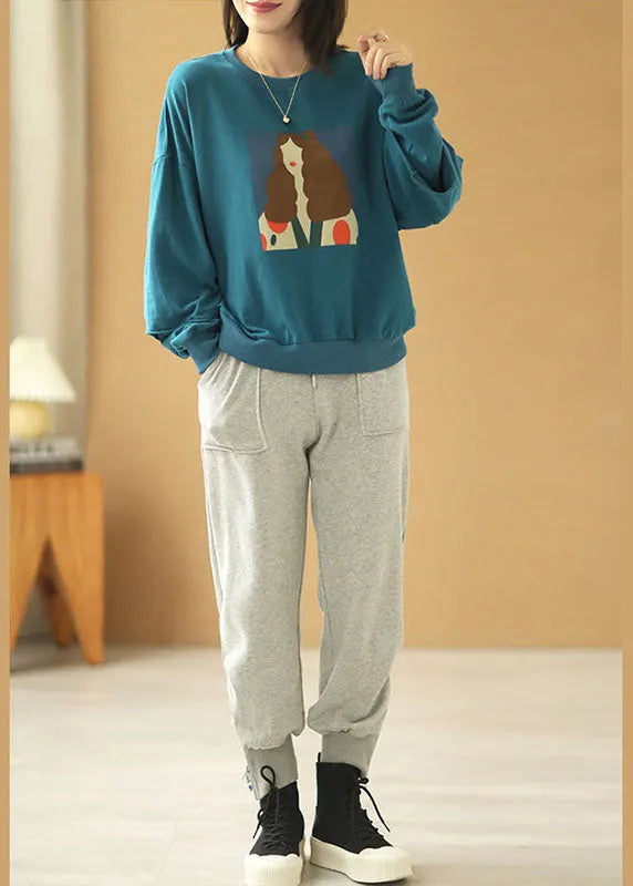 Blue Loose O-neck Print Fall Sweatshirts Top