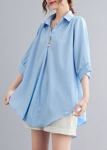 Organic Light Blue Peter Pan Collar Linen Tops Summer