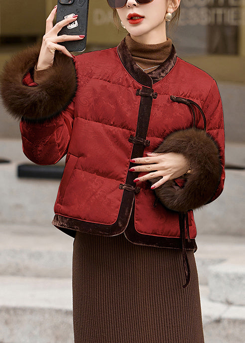 Red Mandarin Collar Patchwork Duck Down Puffer Coat Winter