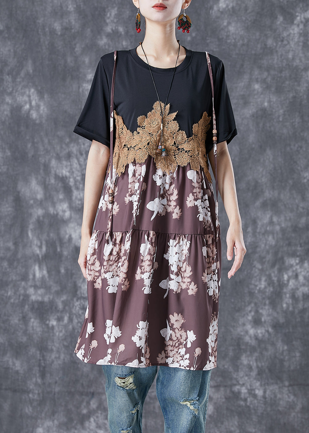Black Lace Patchwork Print Chiffon Fake Two Piece Dresses Summer