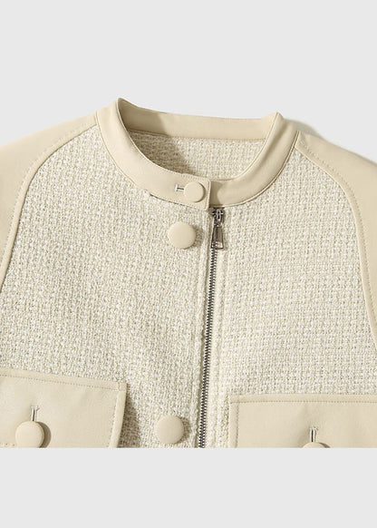 White O-neck Woolen Patchwork Pockets Sheepskin Coats Long Sleeve