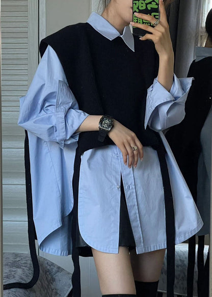 Black Shawl Knit Green Shirts Two Pieces Set Long Sleeve
