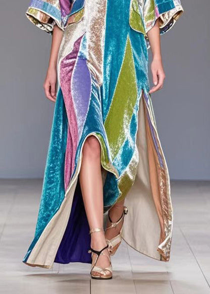 Colorblock Asymmetrical Side Open Silk Velour Long Dress Fall