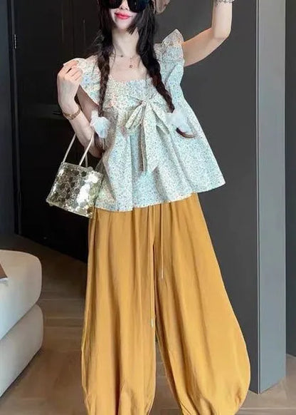 Green Bow Cotton Tanks Butterfly Sleeve