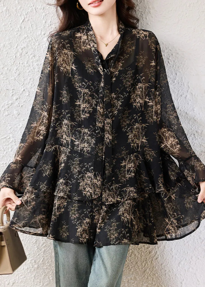 Black Oversized Print Chiffon Shirts Fall