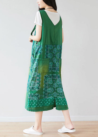 Green Oversized Print Cotton Strap Dress Spring