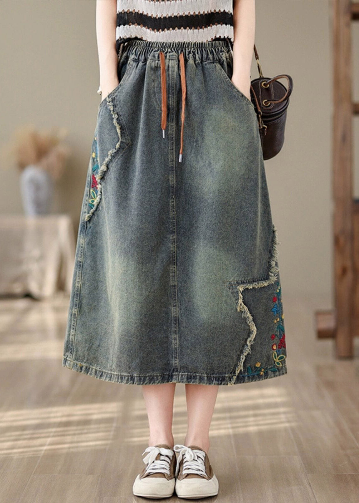 Denim Blue Pockets Patchwork Tie Waist Maxi Skirt Summer
