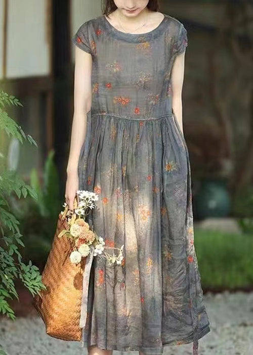 Grey Print Lace Up Pockets Linen Dresses Summer