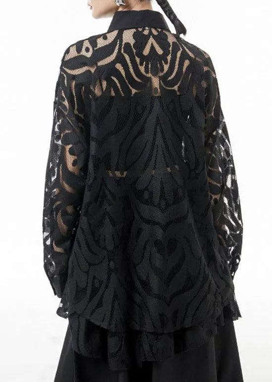 Simple Black Button Peter Pan Collar Patchwork Lace Shirts Spring