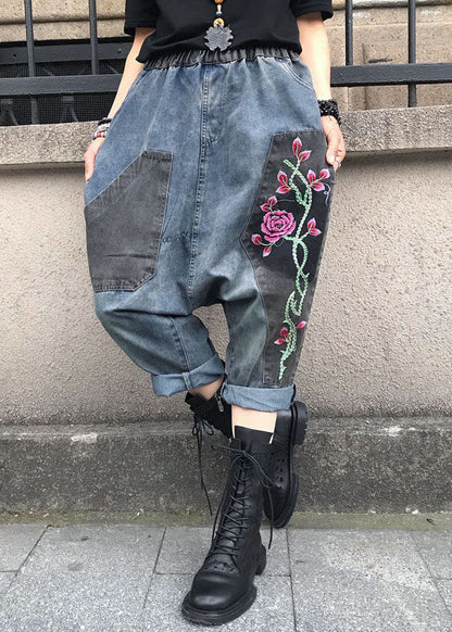 Blue Embroidered Elastic Waist Denim Pants Summer