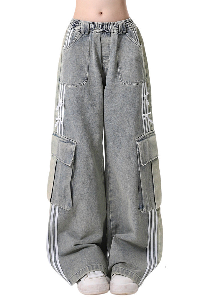 Modern Light Blue Elastic Waist Pockets Denim Pants Fall