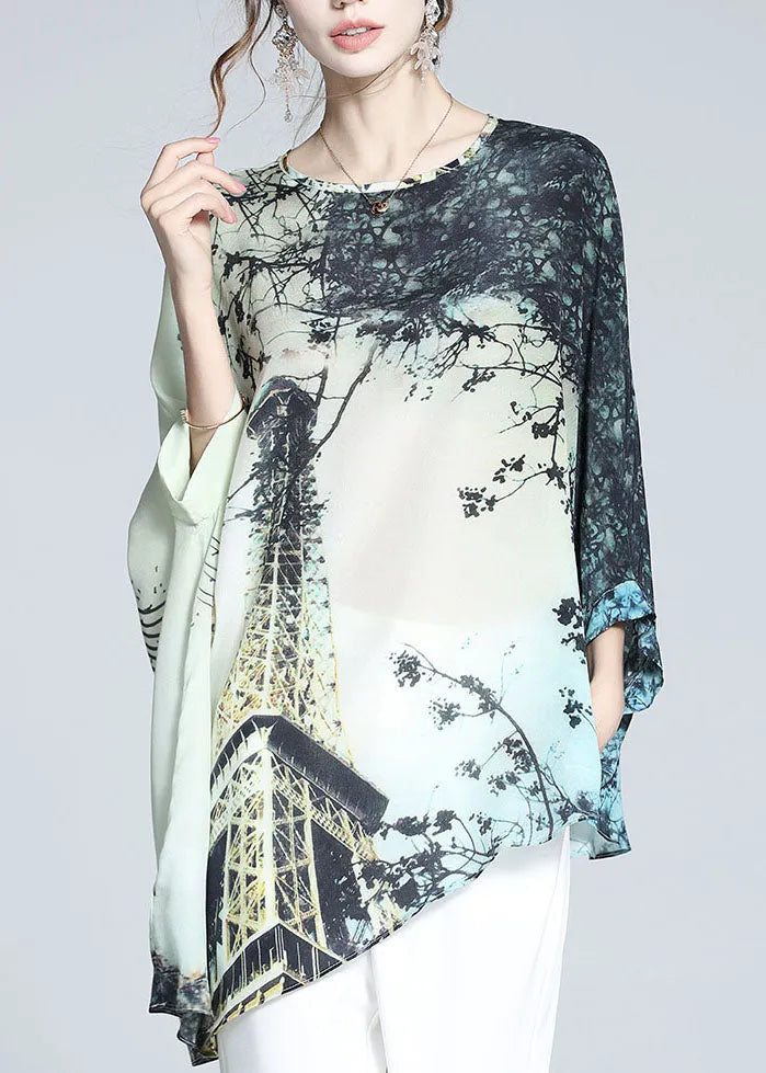Loose Colorblock O-neck Asymmetrical Print Silk Batwing Shirt Tops Summer