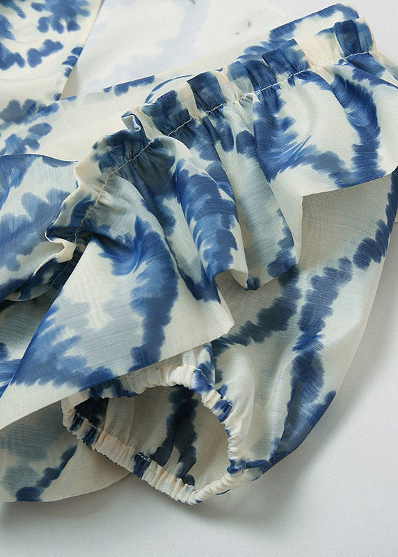 Blue V Neck Print Ruffled Patchwork Organza Mid Dress Summer