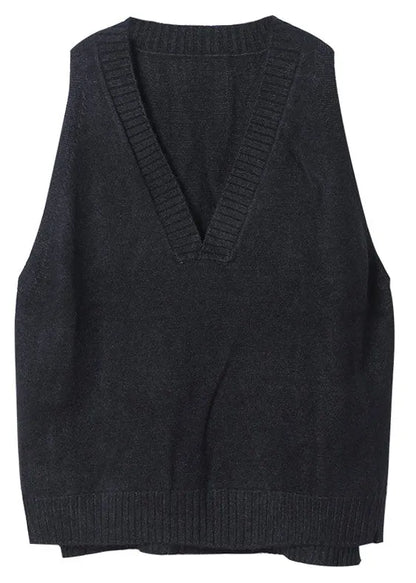 Khaki V Neck Side Open Sleeveless Knit Vest