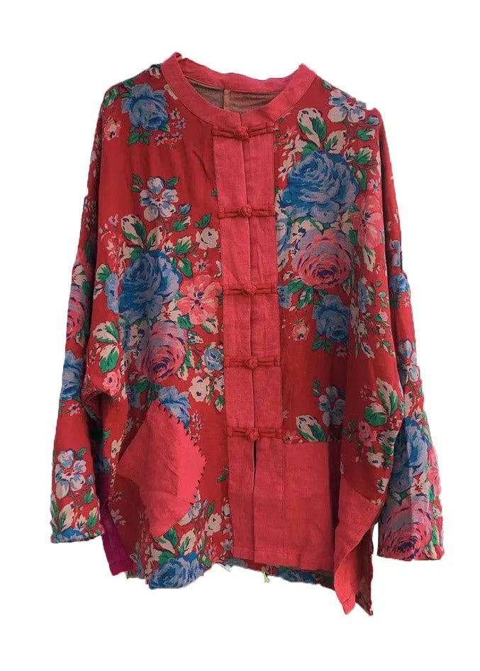Red O-neck Print Button Pockets Cotton Top Long Sleeve