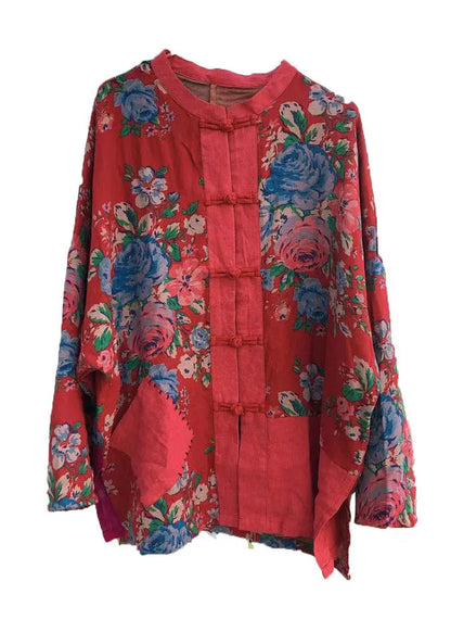 Red O-neck Print Button Pockets Cotton Top Long Sleeve