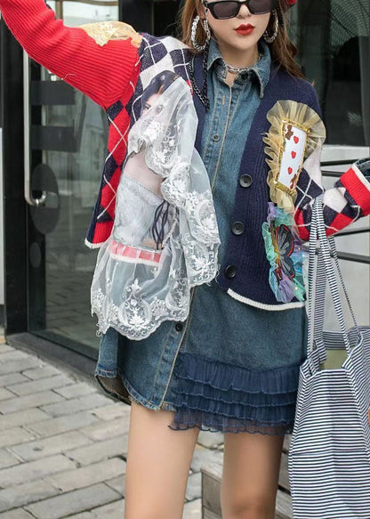 Red Knit Patchwork Denim Ruffled Fall Long Sleeve Coat