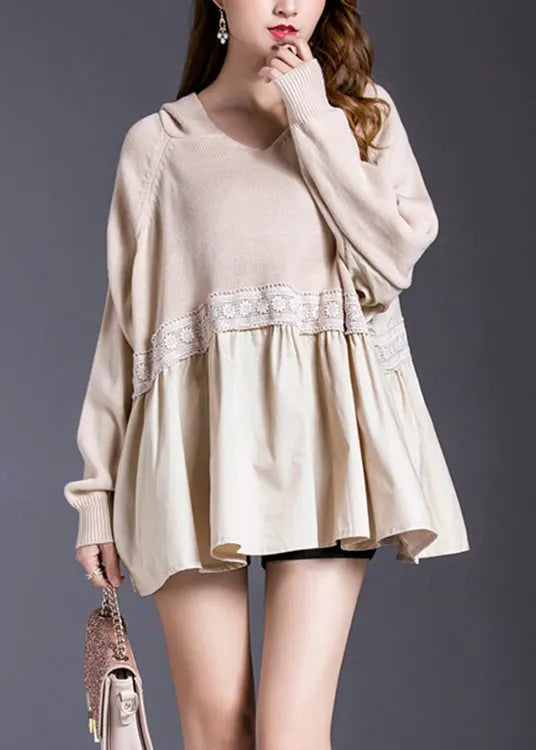 Beige Patchwork Wrinkled Knit Top Spring