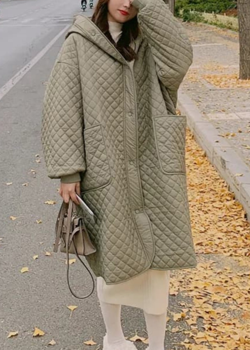 Green Hooded Pockets Fine Cotton Filled Coat Spring