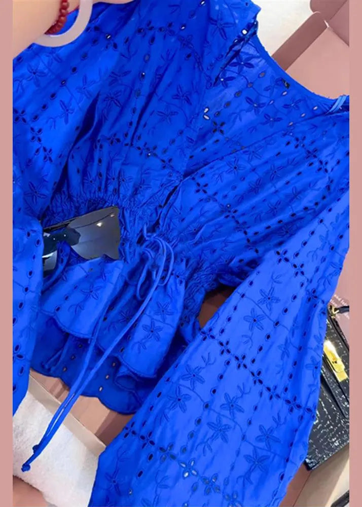 Loose Blue V Neck Hollow Out Lace Up Cotton Shirt Lantern Sleeve