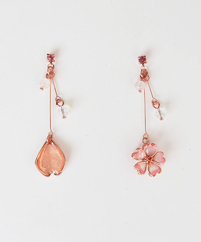 Pink Water Drops and Cherry Blossoms Crystal Asymmetrical Design Drop Earrings