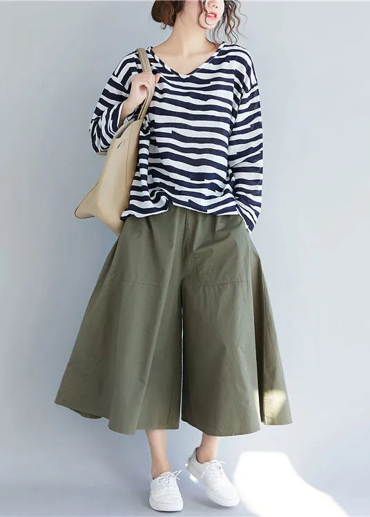 Classy Blue V Neck Striped Cotton T Shirt Top Long Sleeve