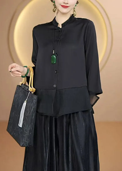 Simple Black Stand Collar Button Patchwork Silk Tops Fall