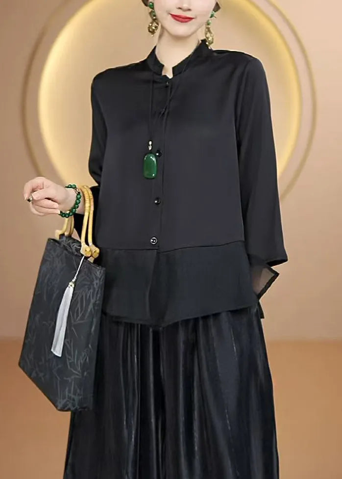 Simple Black Stand Collar Button Patchwork Silk Tops Fall