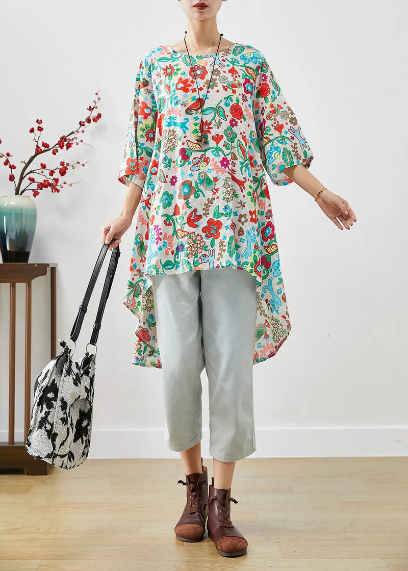 Beige Print Low High Design Cotton Blouses Half Sleeve