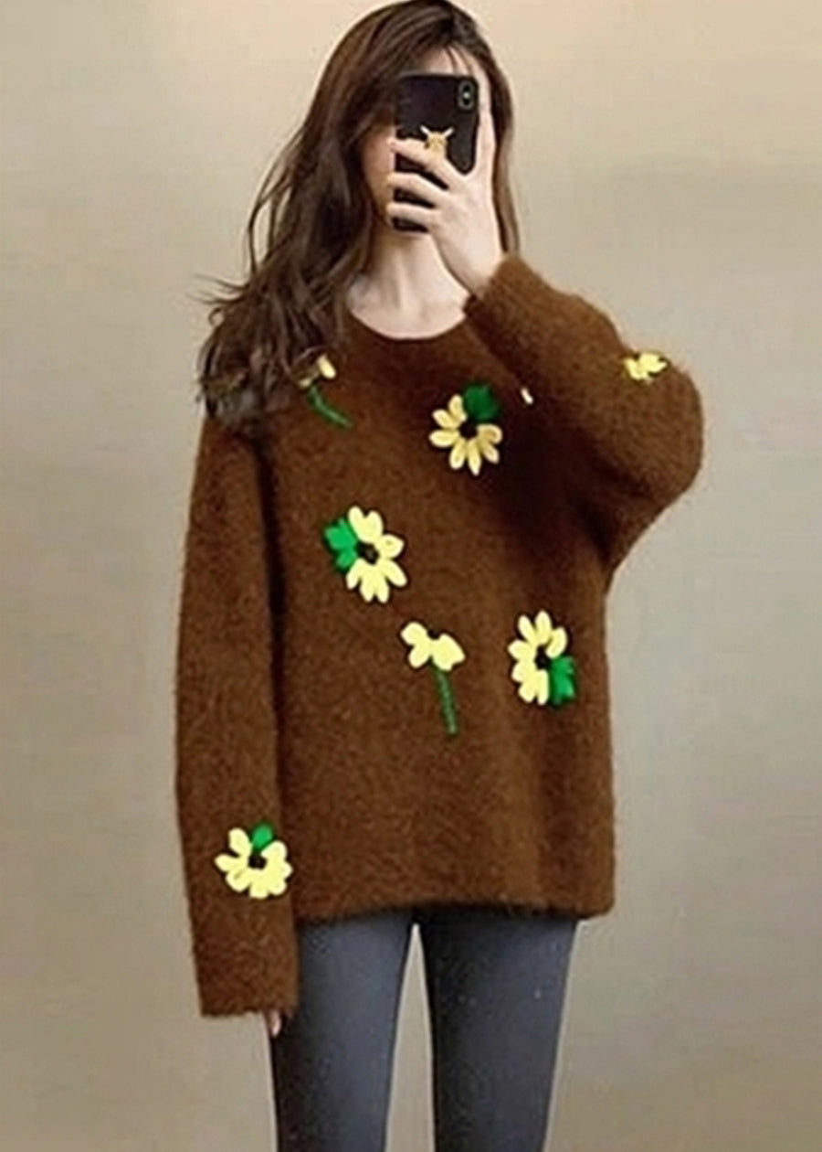 Unique Brown Oversized Lace Knit Sweater Tops Spring