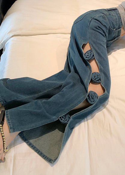 Original Design Blue Hollow Out Denim Pants Fall
