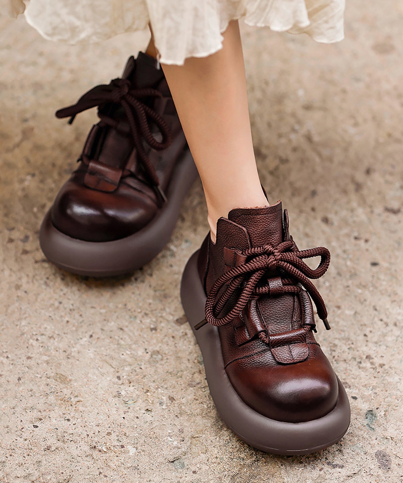Coffee Platform Cowhide Leather Splicing Boots Lace Up