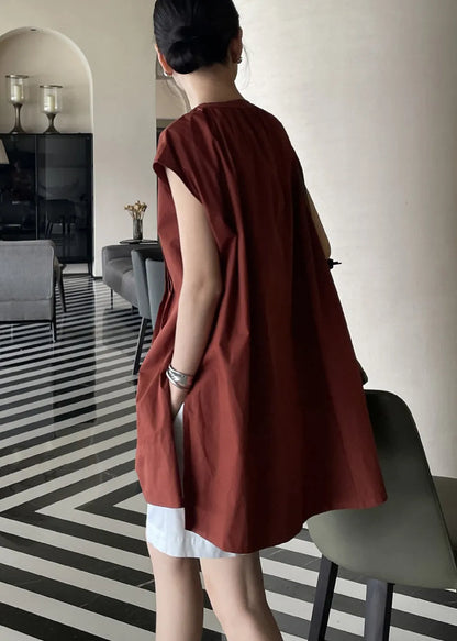 Terracotta Comfortable Fabric Pleated Shirt Sleeveless