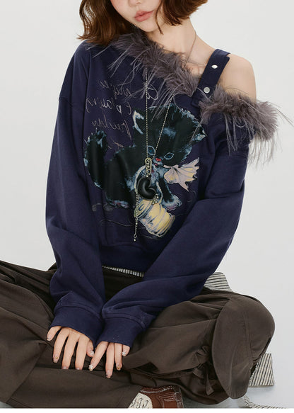 Navy Print Fur Collar Patchwork Cotton Tops Spring