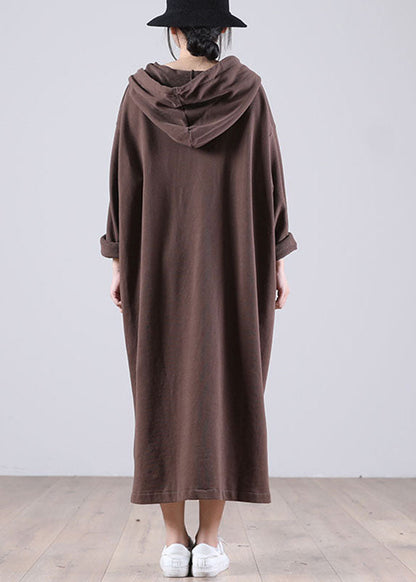 Brown Hooded Pockets Side Open Fall Sweatshirt Dresses