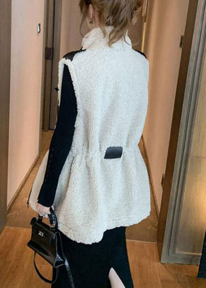 Modern Beige Drawstring Pockets Winter Sleeveless Teddy Vest Jacket