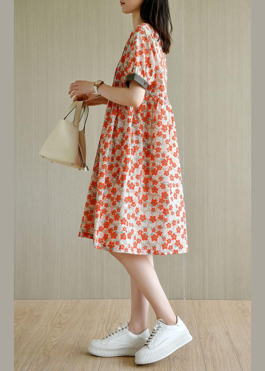 Red Loose O-neck Print Summer Cotton Sundress Short Sleeve