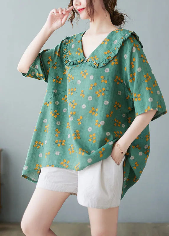 Green Peter Pan Collar Ruffled Print Linen Tops Half Sleeve