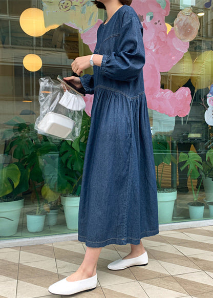 Denim Blue O-neck Wrinkled Patchwork Long Dress Spring