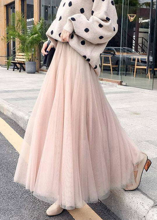Simple Coffee Elastic Waist Tulle Skirt Spring