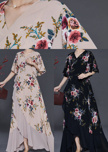 Black Asymmetrical Print Chiffon Maxi Dresses Summer
