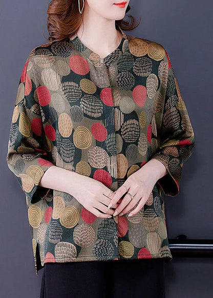 Colorblock O-neck Dot Print Silk Shirt Tops Bracelet Sleeve